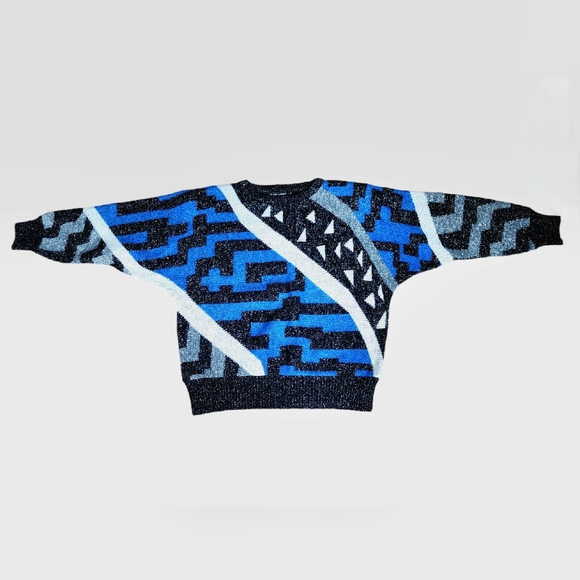 Vintage I.B. Diffusion M Sweater POP Art Geometric Disco Wool Blue Black Silver - Picture 1 of 6